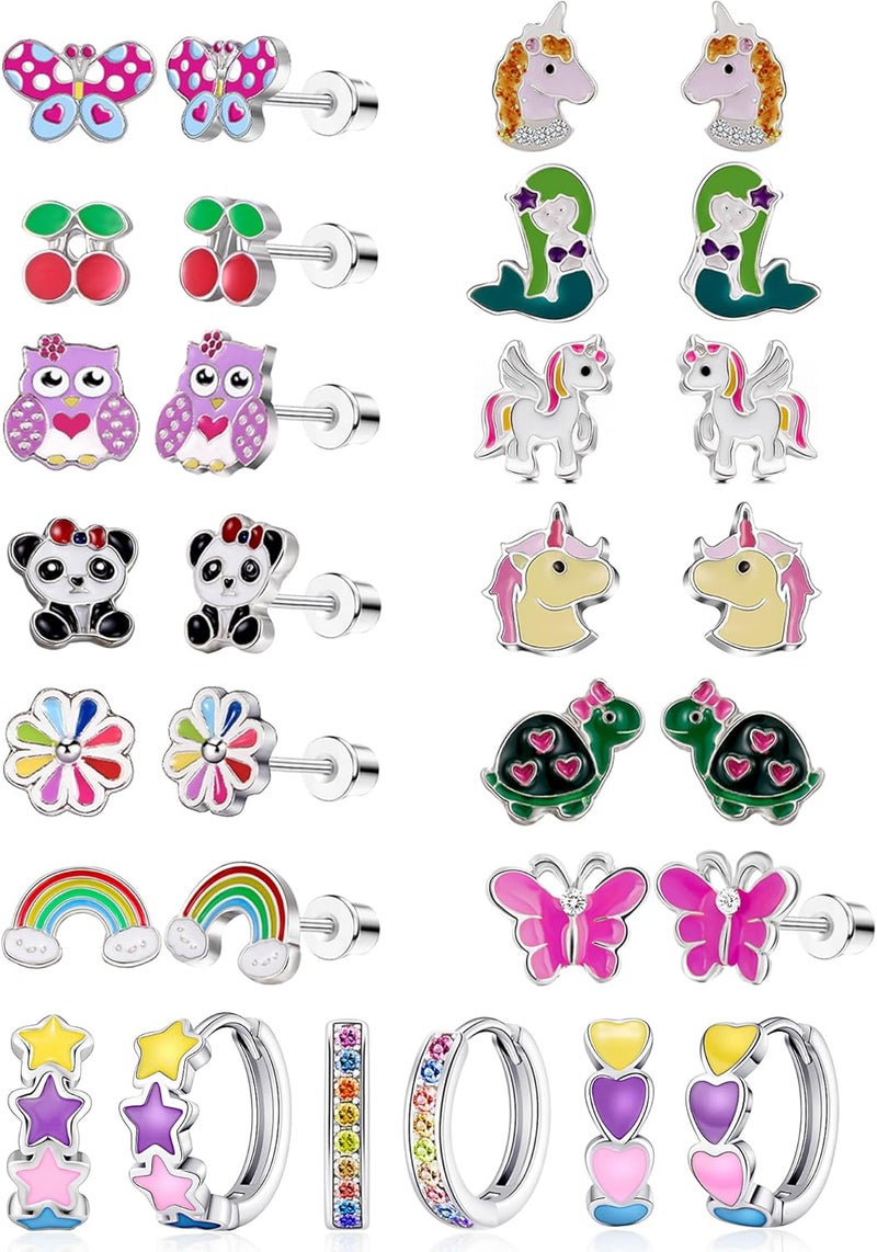 SYNLIN 15 Pairs Stud Earrings Set :12 Pairs Unique Cartoon Flat Back Earrings & 3 Pairs Mini Hoops with Stainless Steel Posts and Screwback Earring - Image 1